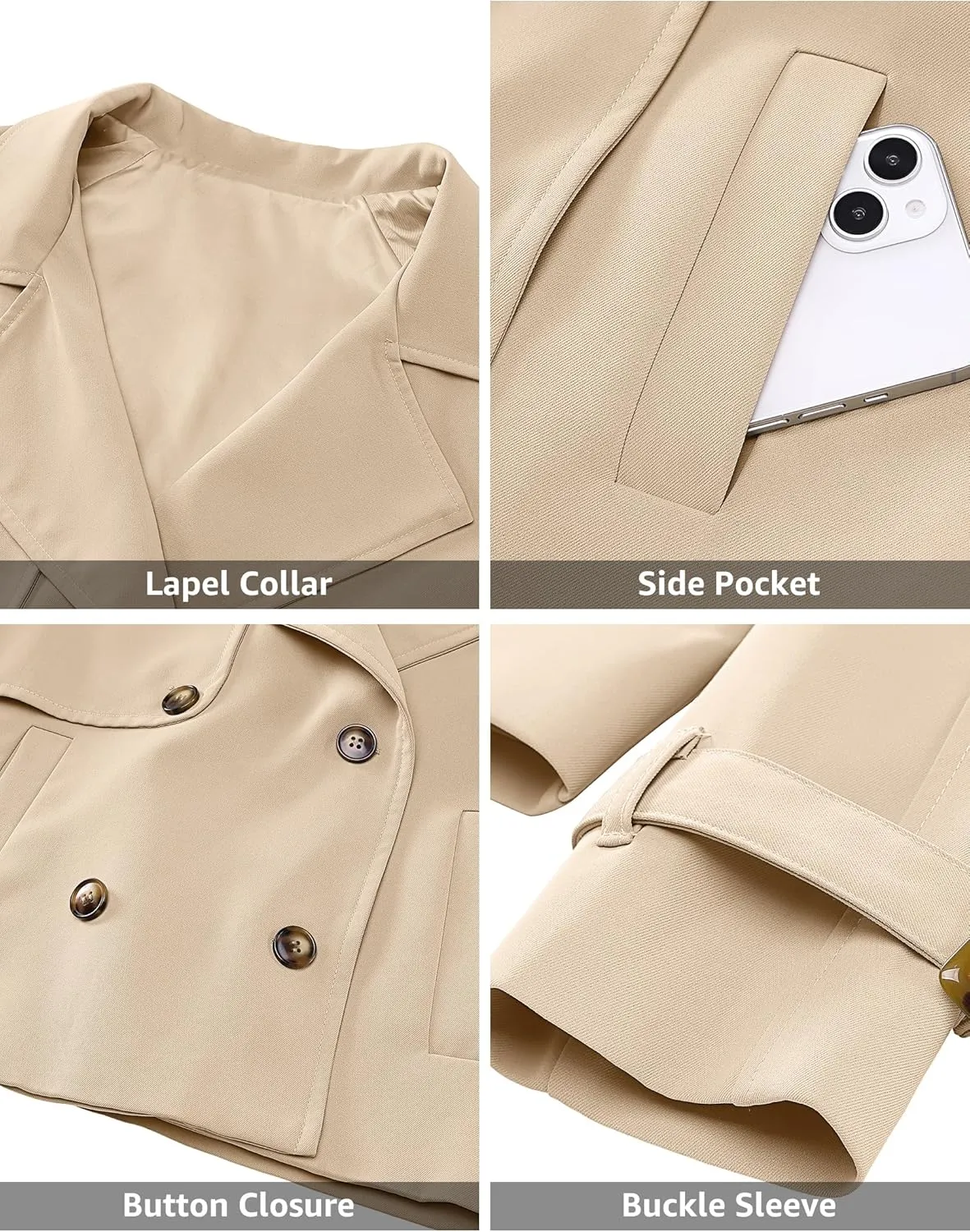 luvamia Cropped Trench Coat for Women Long Sleeve Double Breasted Notched Lapel Casual Loose Fit Jackets with Pockets