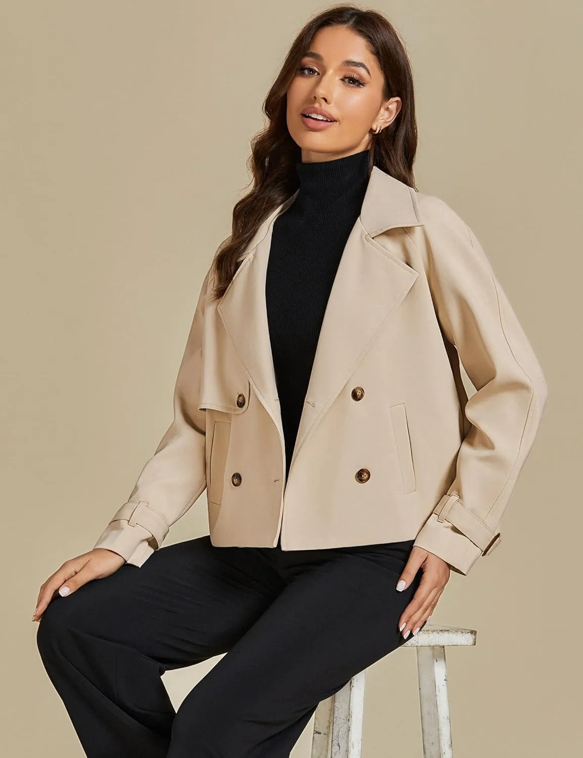 luvamia Cropped Trench Coat for Women Long Sleeve Double Breasted Notched Lapel Casual Loose Fit Jackets with Pockets