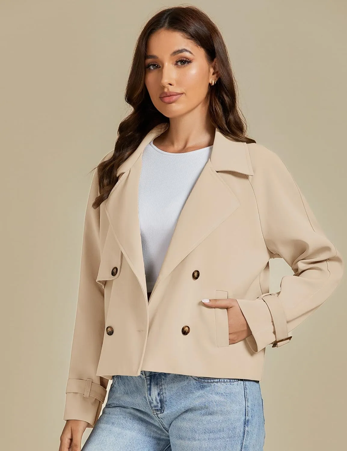 luvamia Cropped Trench Coat for Women Long Sleeve Double Breasted Notched Lapel Casual Loose Fit Jackets with Pockets