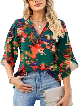 LUYAA Women's Casual Chiffon Blouse Tops 3/4 Ruffled Sleeve V Neck Loose Fit Blouses Shirts