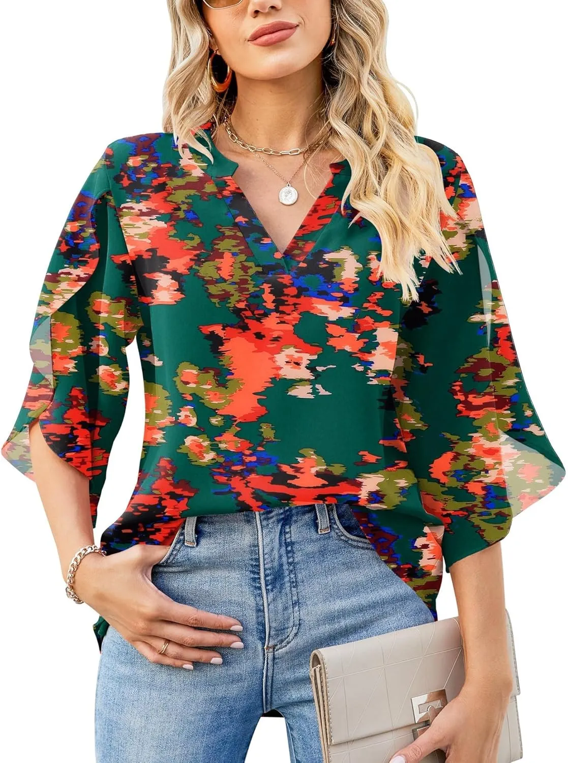LUYAA Women's Casual Chiffon Blouse Tops 3/4 Ruffled Sleeve V Neck Loose Fit Blouses Shirts