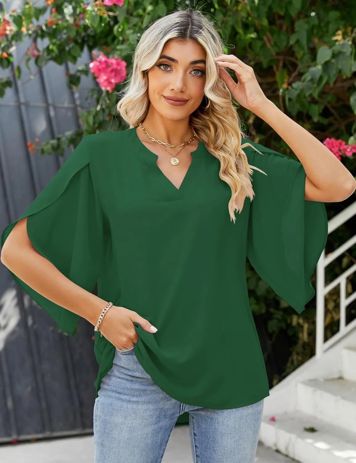 LUYAA Women's Casual Chiffon Blouse Tops 3/4 Ruffled Sleeve V Neck Loose Fit Blouses Shirts