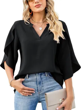 LUYAA Women's Casual Chiffon Blouse Tops 3/4 Ruffled Sleeve V Neck Loose Fit Blouses Shirts