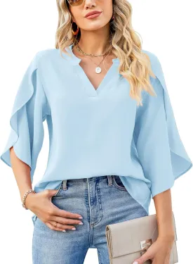 LUYAA Women's Casual Chiffon Blouse Tops 3/4 Ruffled Sleeve V Neck Loose Fit Blouses Shirts