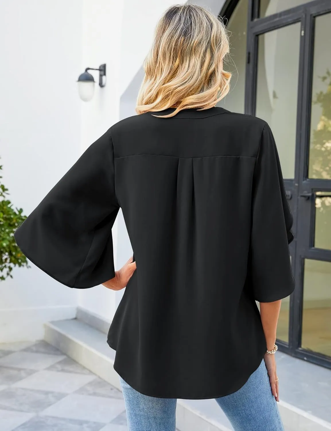 LUYAA Women's Casual Chiffon Blouse Tops 3/4 Ruffled Sleeve V Neck Loose Fit Blouses Shirts