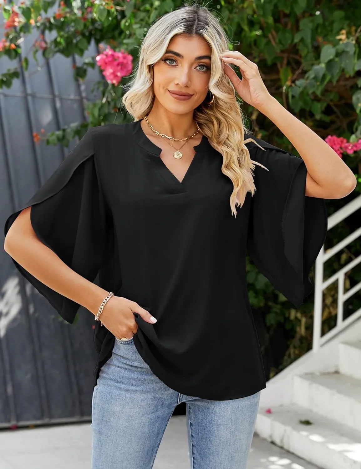 LUYAA Women's Casual Chiffon Blouse Tops 3/4 Ruffled Sleeve V Neck Loose Fit Blouses Shirts
