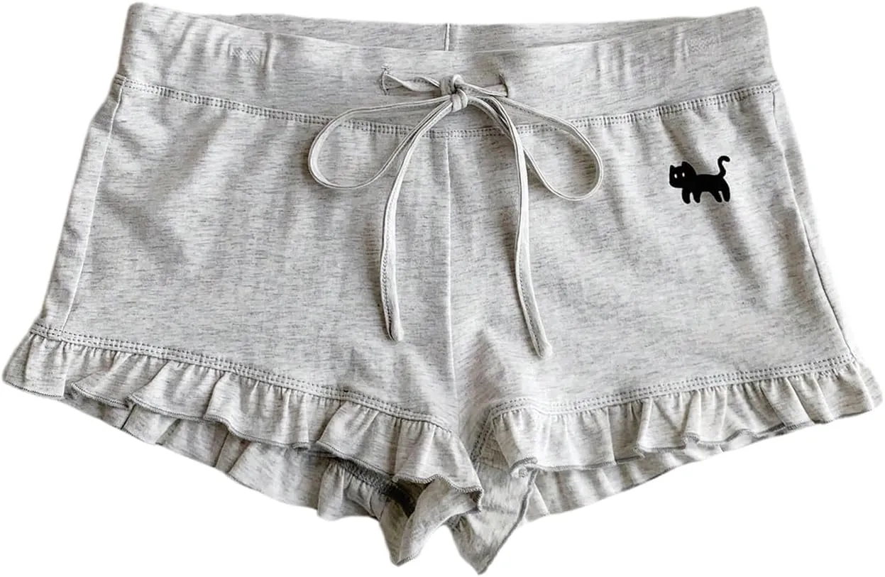 MakeMeChic Women's Ruffle Hem Shorts Cat Print Drawstring Drop Waist Summer Mini Shorts