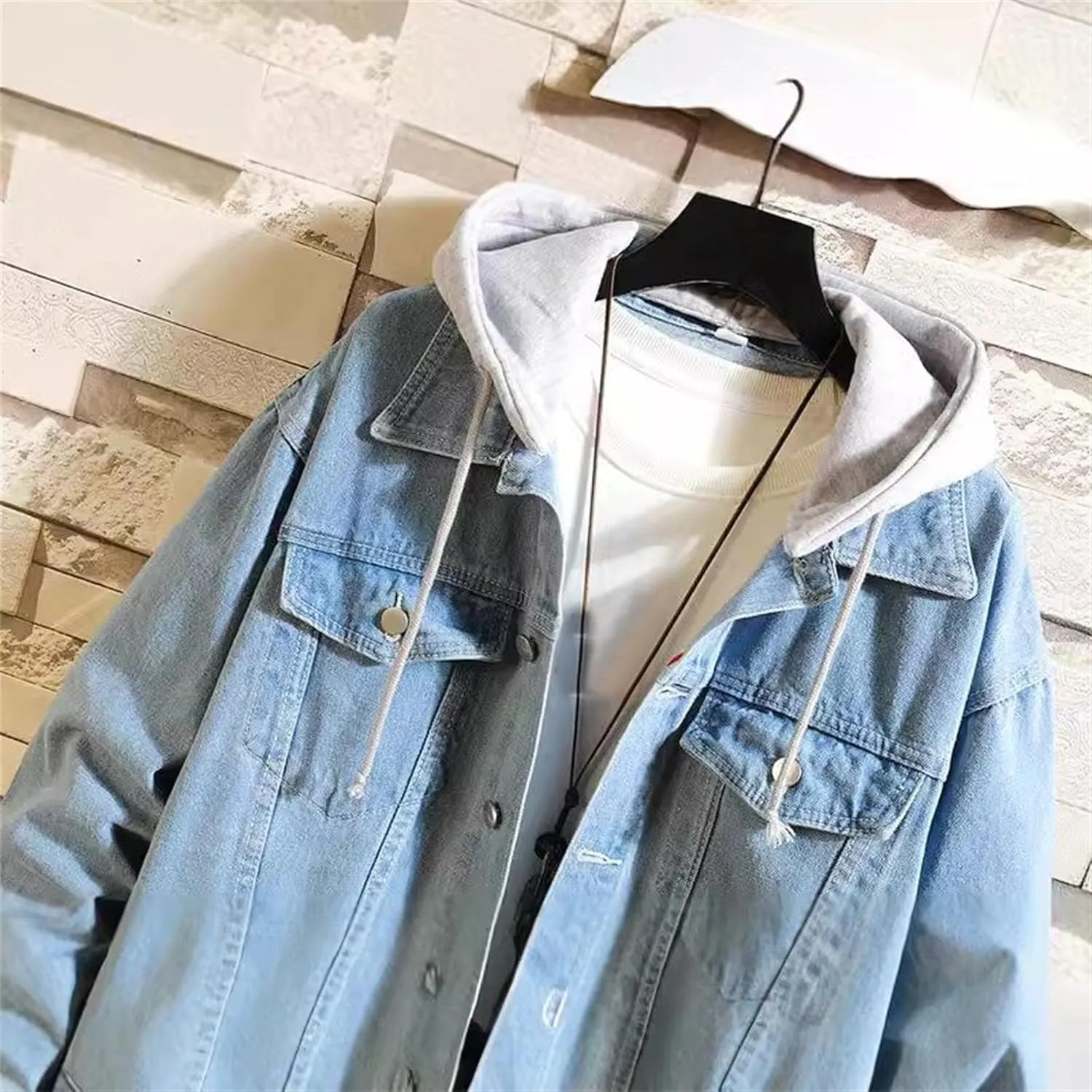 Men's Denim Hoodie Jacket Casual Long Sleeve Button Down Jeans Coat Windproof Hip Hop Trucker Hooded Jackets