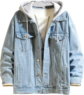 Men's Denim Hoodie Jacket Casual Long Sleeve Button Down Jeans Coat Windproof Hip Hop Trucker Hooded Jackets