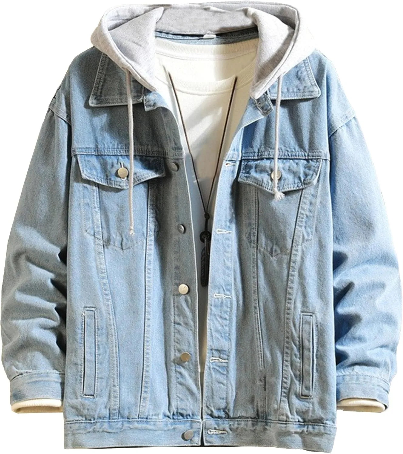 Men's Denim Hoodie Jacket Casual Long Sleeve Button Down Jeans Coat Windproof Hip Hop Trucker Hooded Jackets