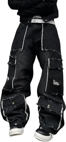 Mens Goth Baggy Cargo Jeans with Pockets Steampunk Patchwork Embroidery Wide Leg Denim Pants