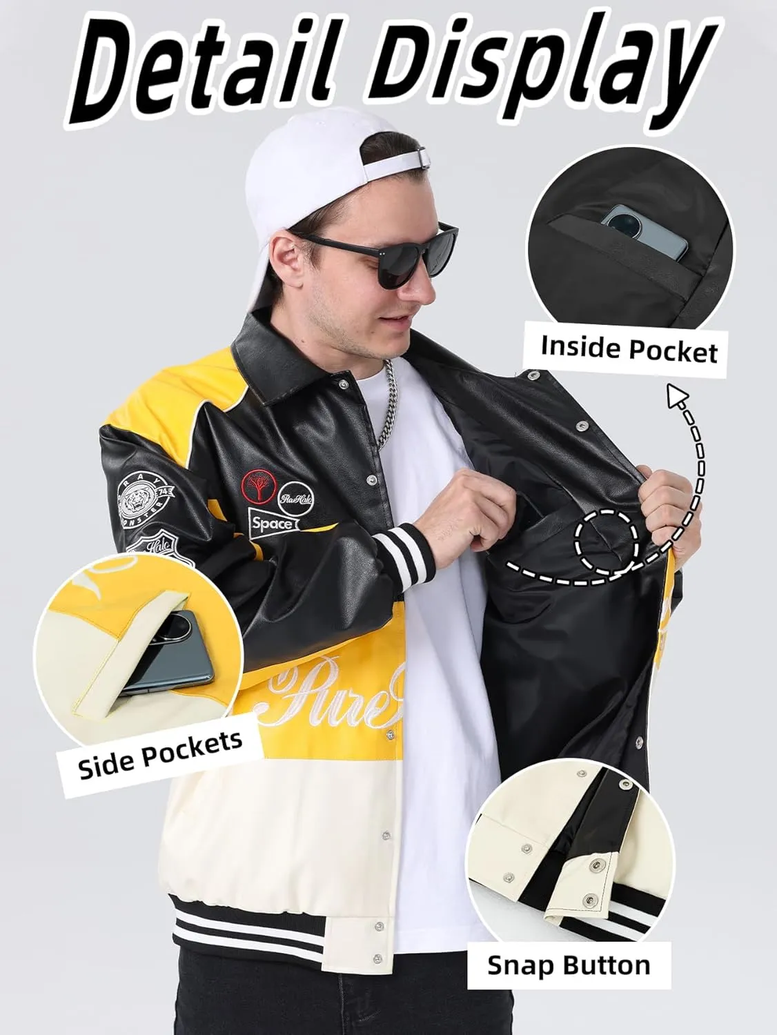 Mens Leather Varsity Jackets Vintage Graphic Racing Motorcycle Bomber Jackets Loose Streetwear Coats Fall&winter