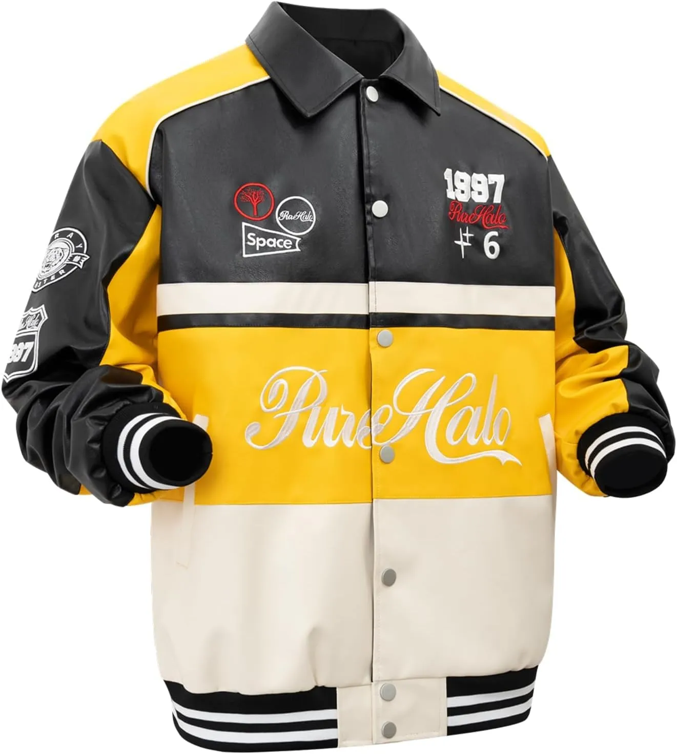Mens Leather Varsity Jackets Vintage Graphic Racing Motorcycle Bomber Jackets Loose Streetwear Coats Fall&winter