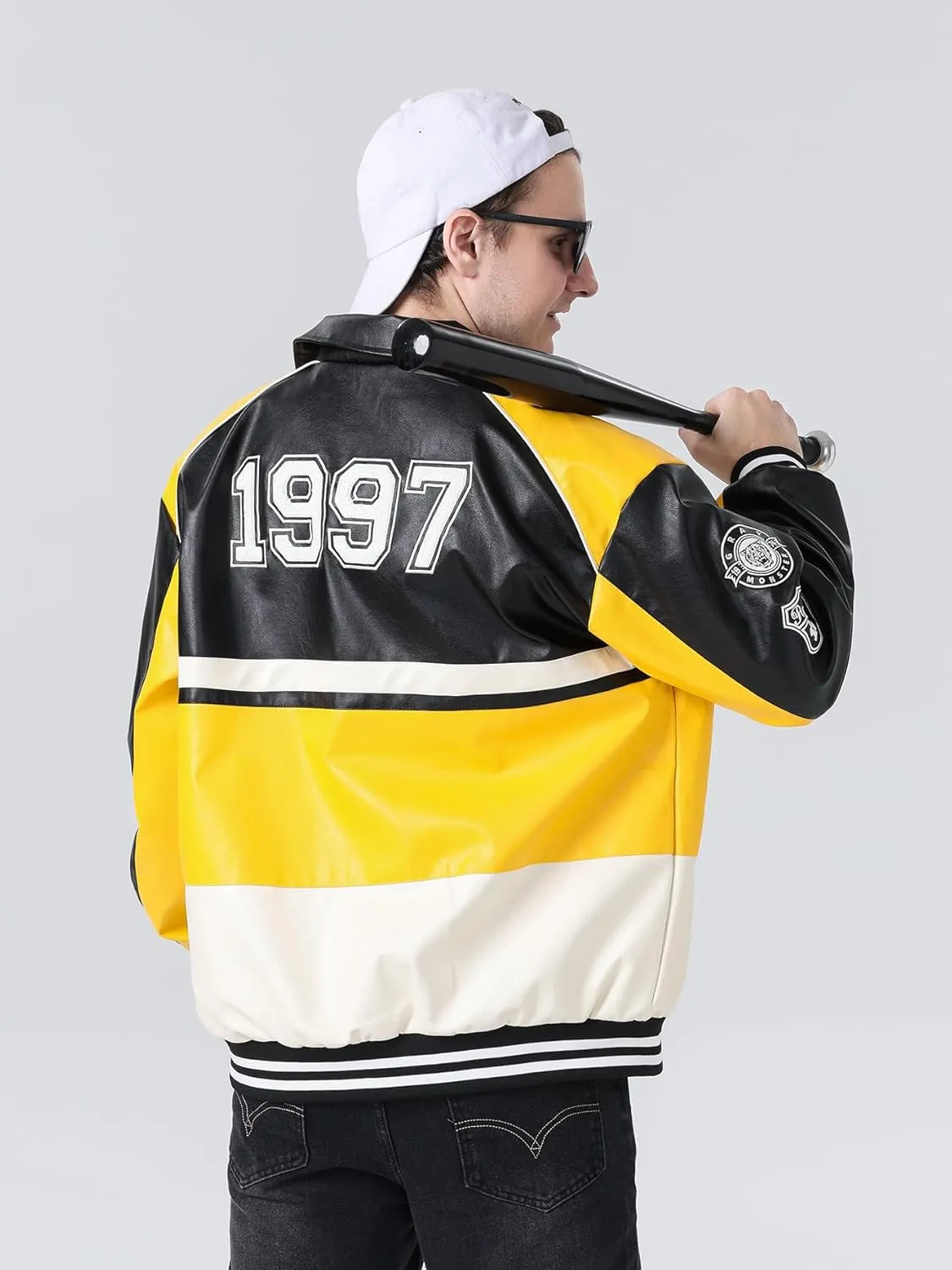 Mens Leather Varsity Jackets Vintage Graphic Racing Motorcycle Bomber Jackets Loose Streetwear Coats Fall&winter