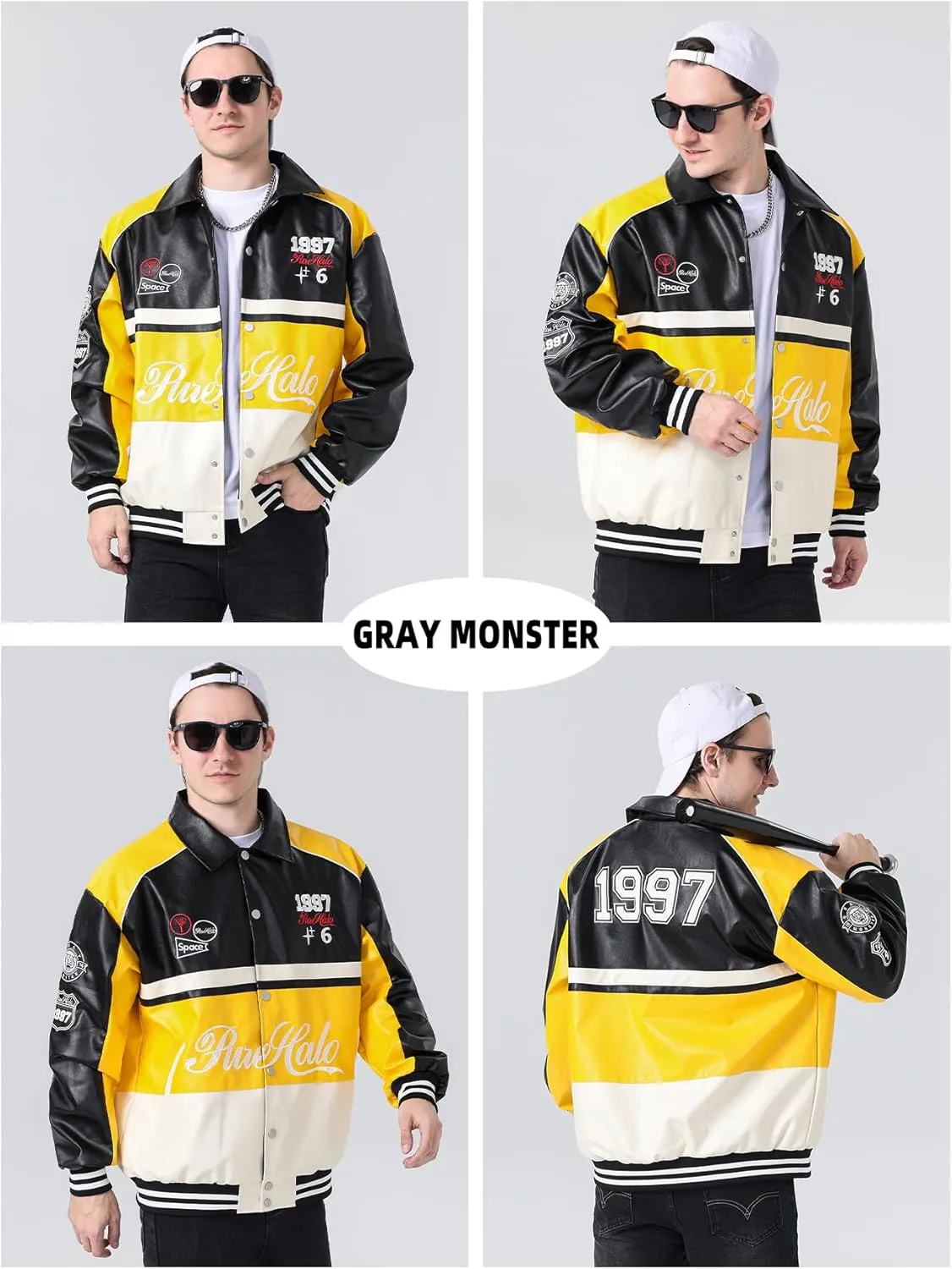 Mens Leather Varsity Jackets Vintage Graphic Racing Motorcycle Bomber Jackets Loose Streetwear Coats Fall&winter