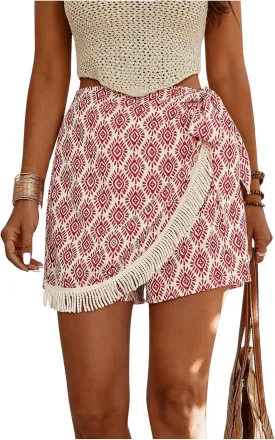 Milumia Women's Printed Tie Side Shorts Tassel Trim High Waist Wrap Skorts Boho Shorts