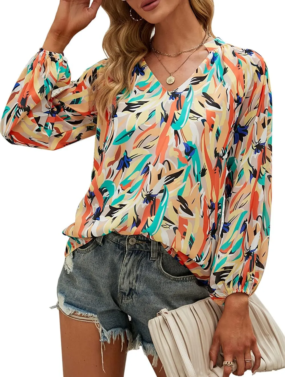 MLEBR Womens Blouses Fashion Long Sleeve V Neck Loose Casual Floral Leopard Printed Chiffon Blouses Tops and T Shirts