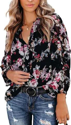 MLEBR Womens Blouses Fashion Long Sleeve V Neck Loose Casual Floral Leopard Printed Chiffon Blouses Tops and T Shirts