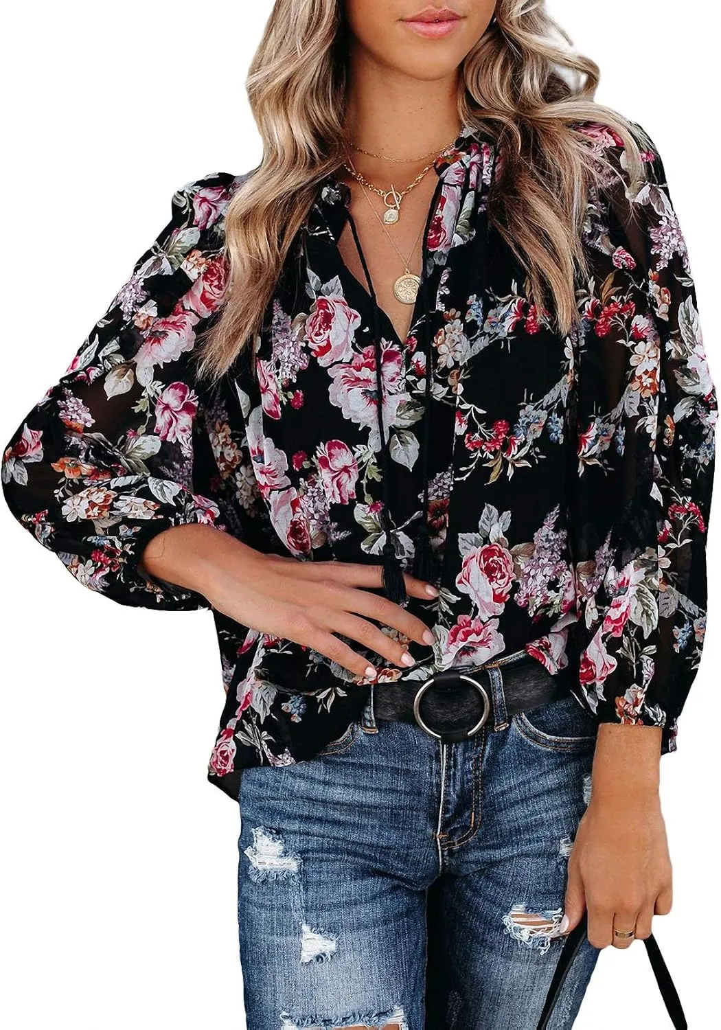 MLEBR Womens Blouses Fashion Long Sleeve V Neck Loose Casual Floral Leopard Printed Chiffon Blouses Tops and T Shirts