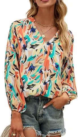 MLEBR Womens Blouses Fashion Long Sleeve V Neck Loose Casual Floral Leopard Printed Chiffon Blouses Tops and T Shirts