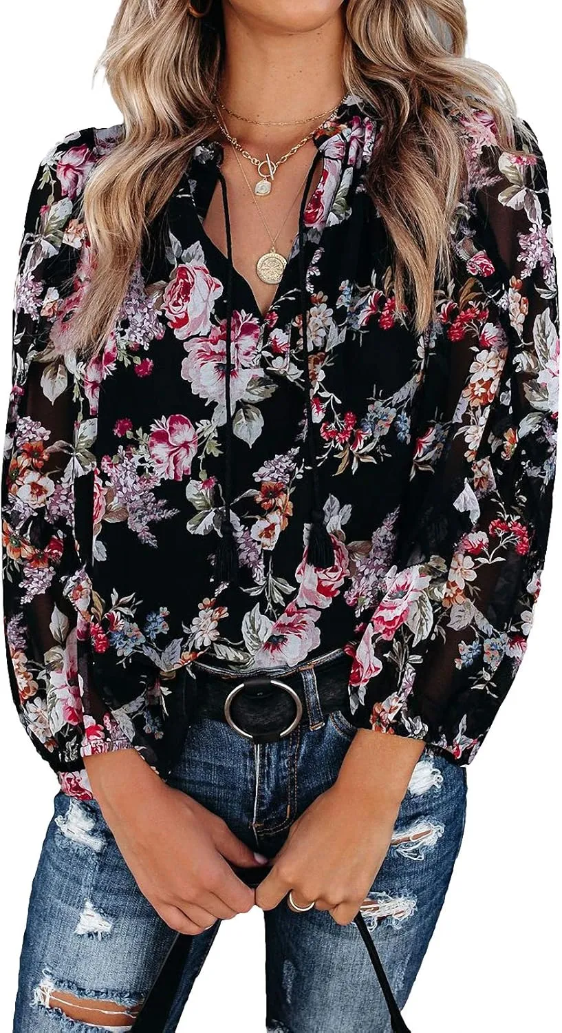 MLEBR Womens Blouses Fashion Long Sleeve V Neck Loose Casual Floral Leopard Printed Chiffon Blouses Tops and T Shirts