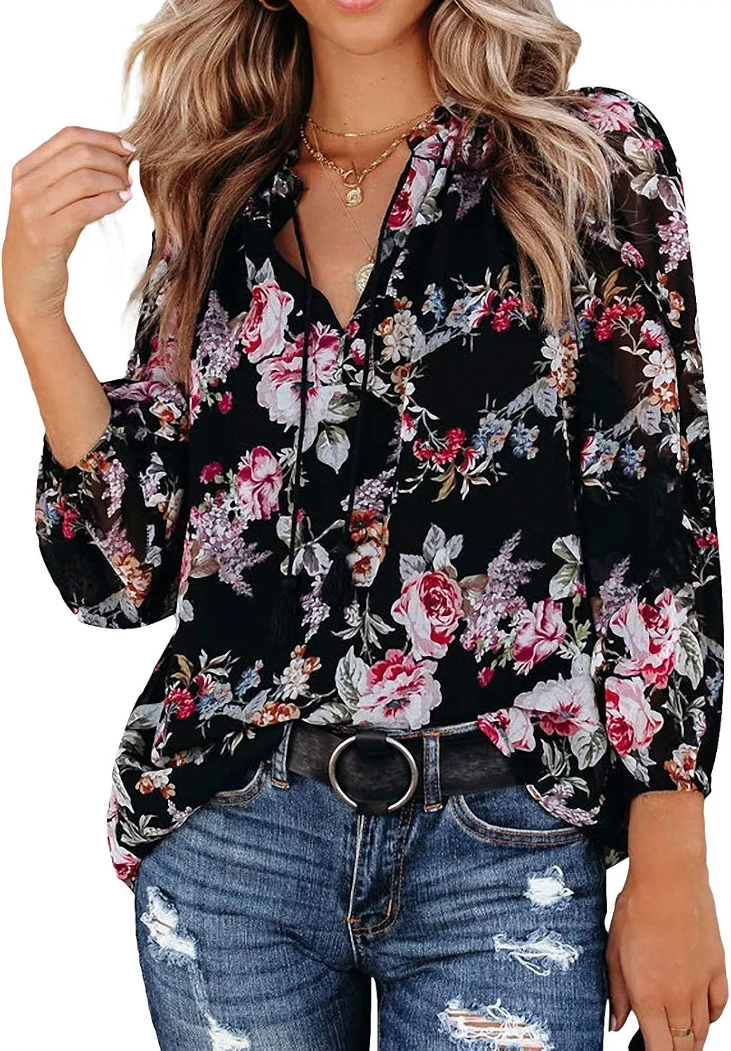 MLEBR Womens Blouses Fashion Long Sleeve V Neck Loose Casual Floral Leopard Printed Chiffon Blouses Tops and T Shirts