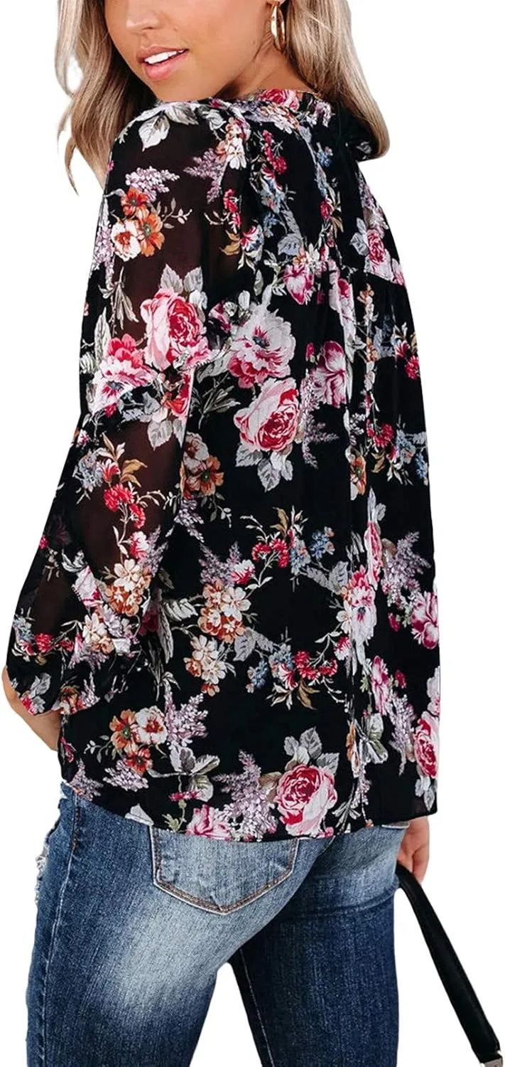 MLEBR Womens Blouses Fashion Long Sleeve V Neck Loose Casual Floral Leopard Printed Chiffon Blouses Tops and T Shirts