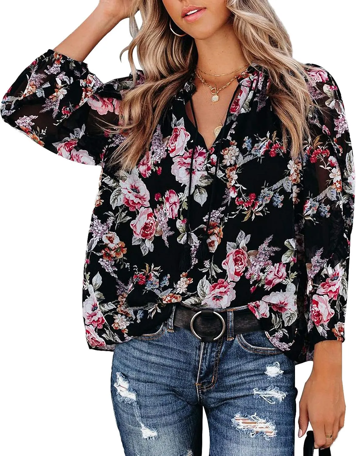 MLEBR Womens Blouses Fashion Long Sleeve V Neck Loose Casual Floral Leopard Printed Chiffon Blouses Tops and T Shirts