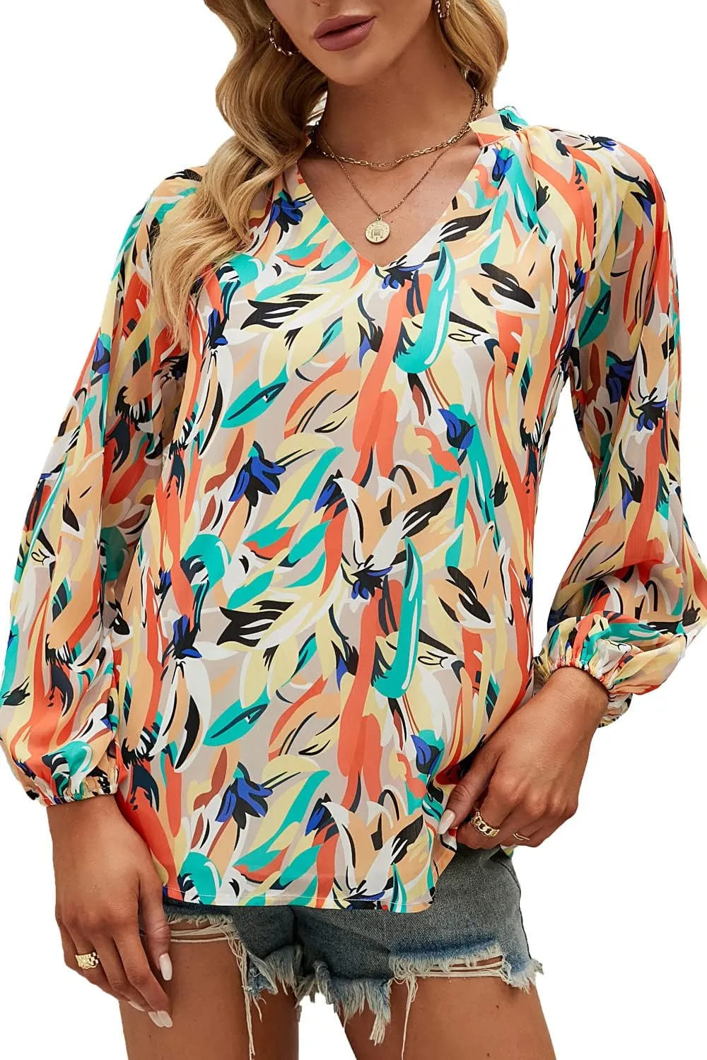 MLEBR Womens Blouses Fashion Long Sleeve V Neck Loose Casual Floral Leopard Printed Chiffon Blouses Tops and T Shirts