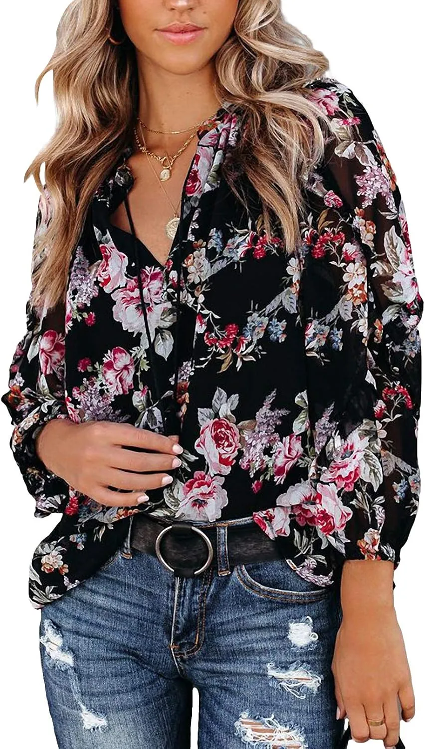 MLEBR Womens Blouses Fashion Long Sleeve V Neck Loose Casual Floral Leopard Printed Chiffon Blouses Tops and T Shirts