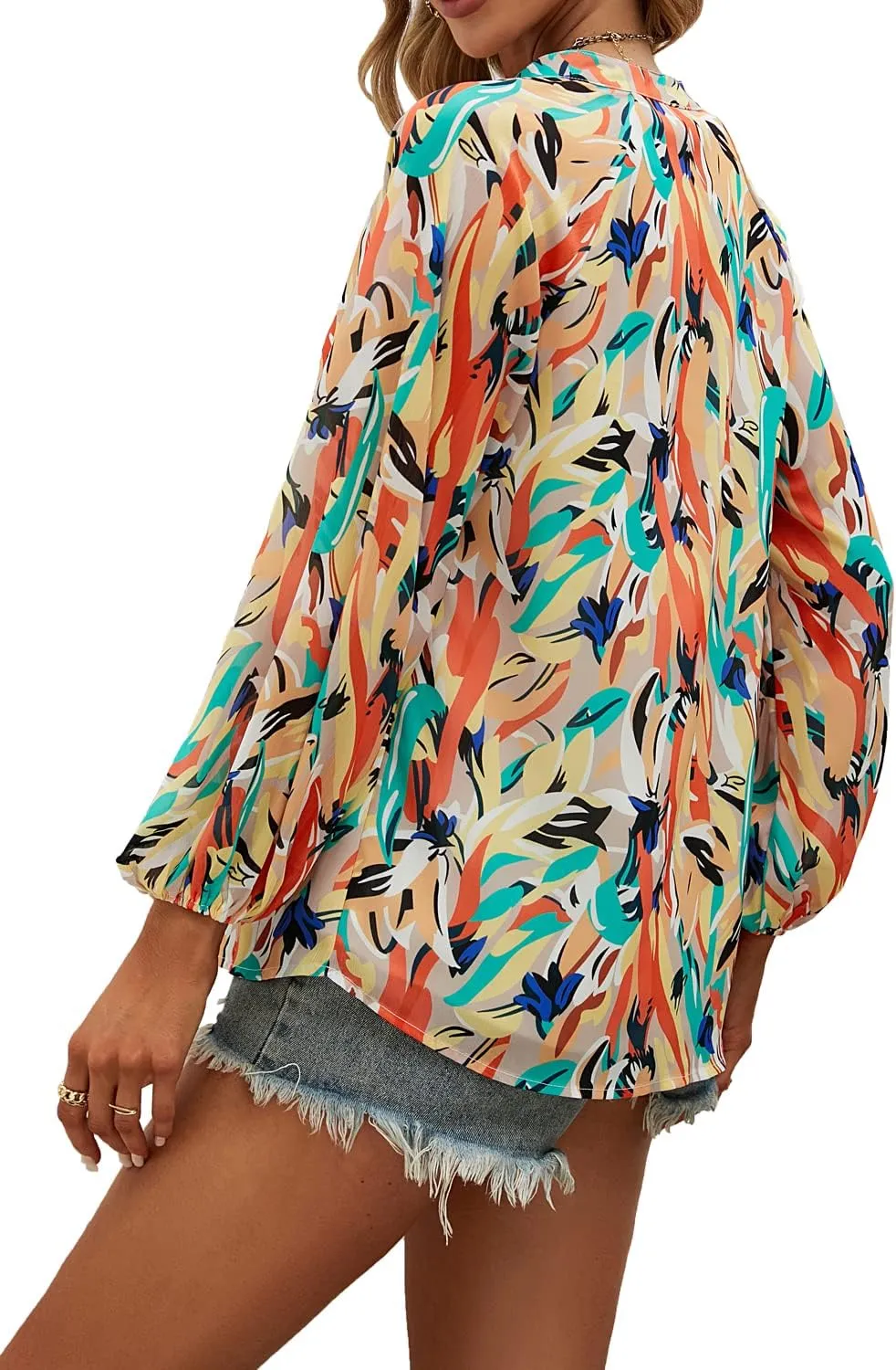MLEBR Womens Blouses Fashion Long Sleeve V Neck Loose Casual Floral Leopard Printed Chiffon Blouses Tops and T Shirts