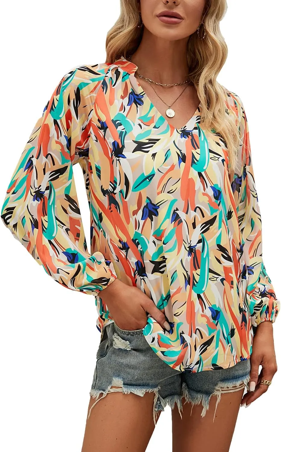 MLEBR Womens Blouses Fashion Long Sleeve V Neck Loose Casual Floral Leopard Printed Chiffon Blouses Tops and T Shirts
