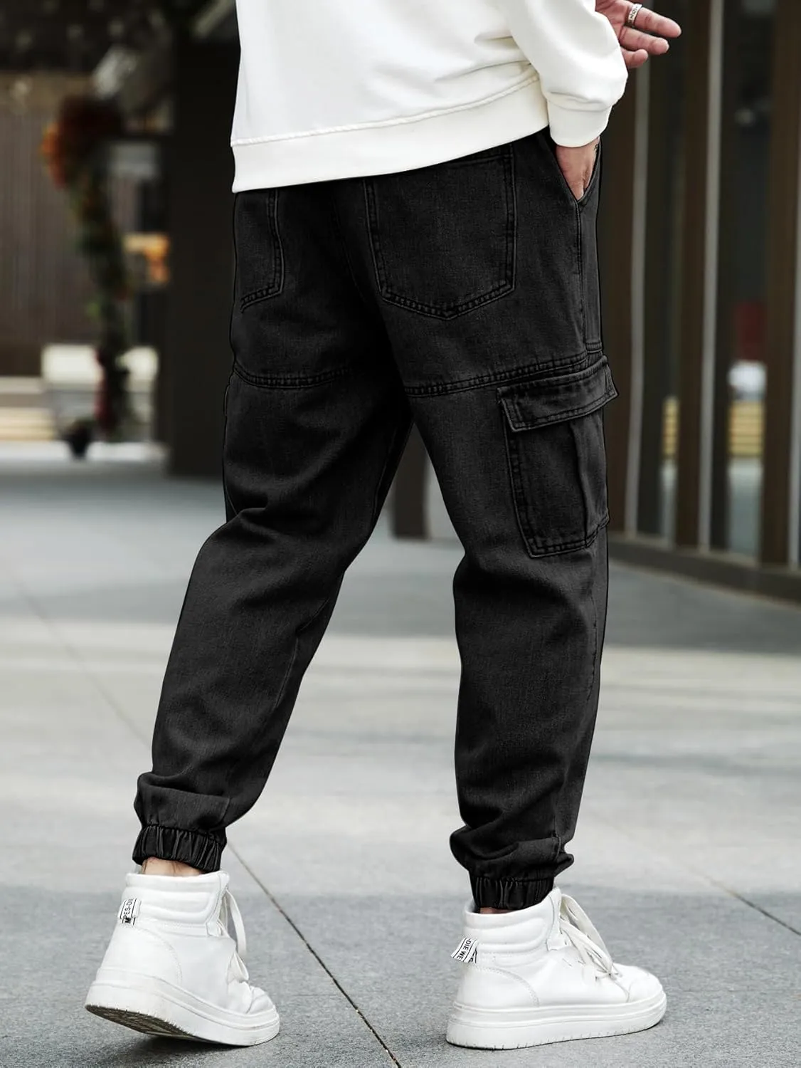 OYOANGLE Men's Drawstring Waist Flap Pocket Jogger Cargo Pants Carrot Denim Jeans with Pocket