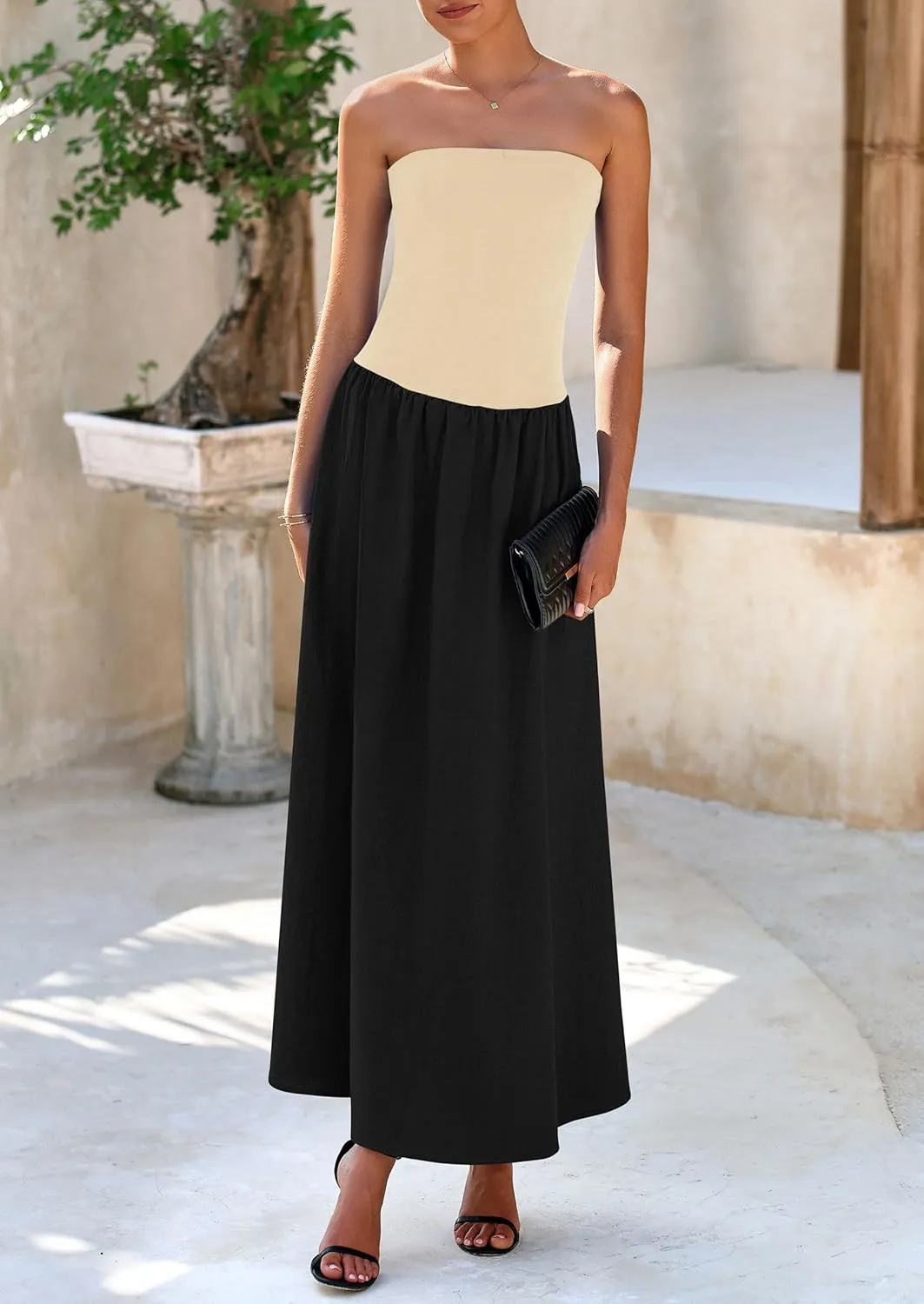 PRETTYGARDEN Women's 2025 Spring Strapless Maxi Dresses Patchwork Long Flowy Pockets Elegant Going Out Summer Tube Top Dress