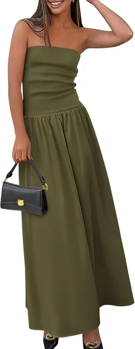 PRETTYGARDEN Women's 2025 Spring Strapless Maxi Dresses Patchwork Long Flowy Pockets Elegant Going Out Summer Tube Top Dress