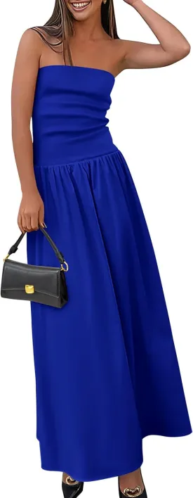 PRETTYGARDEN Women's 2025 Spring Strapless Maxi Dresses Patchwork Long Flowy Pockets Elegant Going Out Summer Tube Top Dress