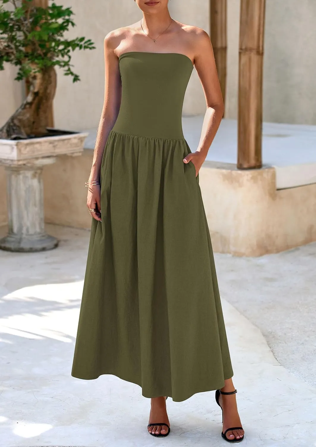 PRETTYGARDEN Women's 2025 Spring Strapless Maxi Dresses Patchwork Long Flowy Pockets Elegant Going Out Summer Tube Top Dress