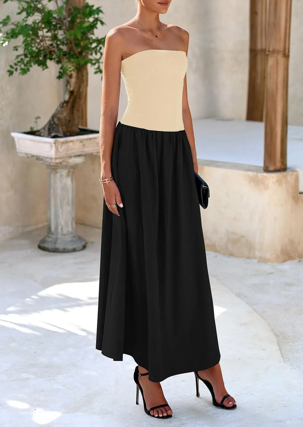 PRETTYGARDEN Women's 2025 Spring Strapless Maxi Dresses Patchwork Long Flowy Pockets Elegant Going Out Summer Tube Top Dress