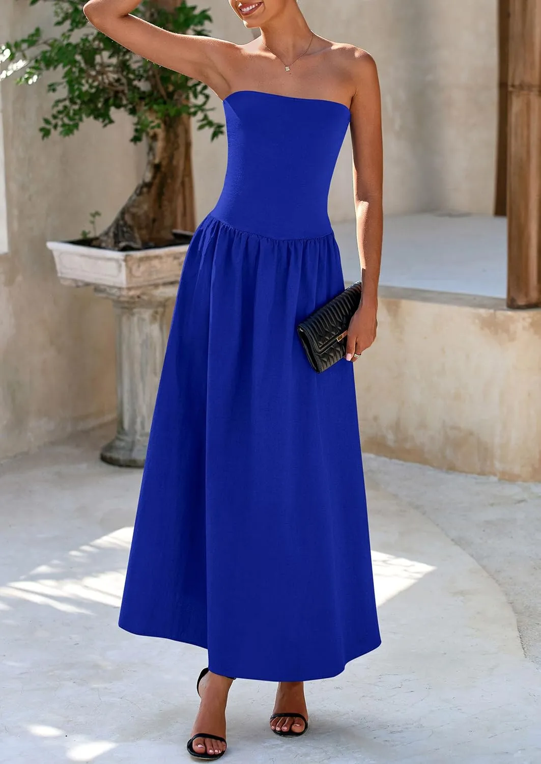 PRETTYGARDEN Women's 2025 Spring Strapless Maxi Dresses Patchwork Long Flowy Pockets Elegant Going Out Summer Tube Top Dress
