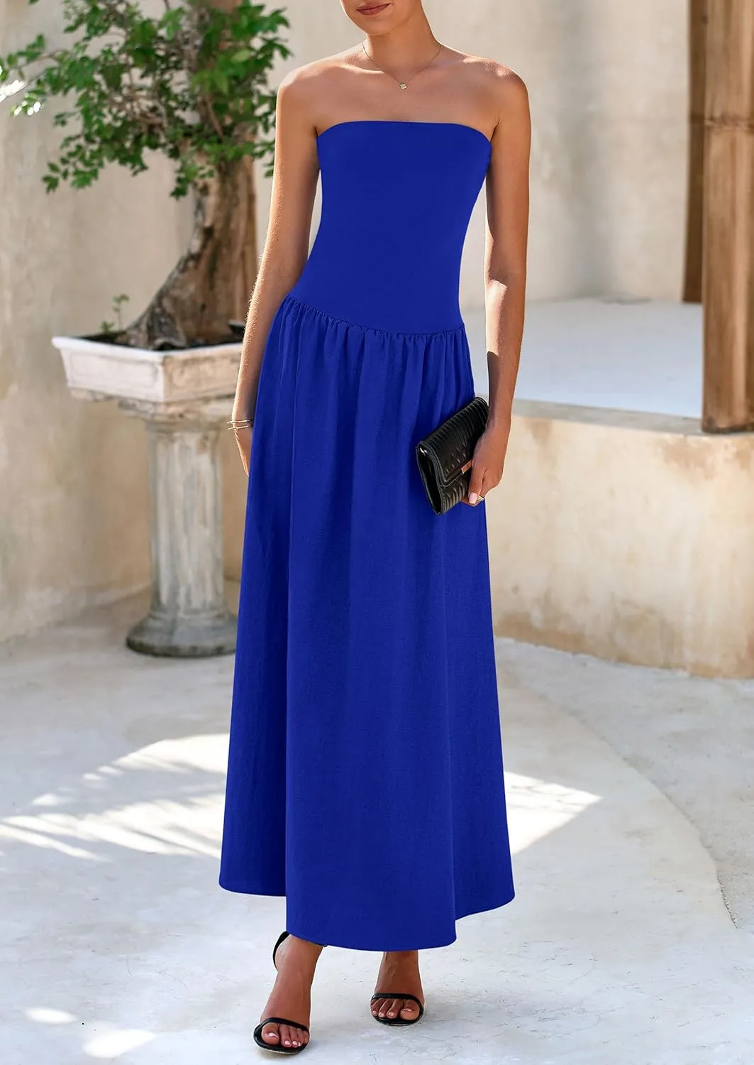 PRETTYGARDEN Women's 2025 Spring Strapless Maxi Dresses Patchwork Long Flowy Pockets Elegant Going Out Summer Tube Top Dress
