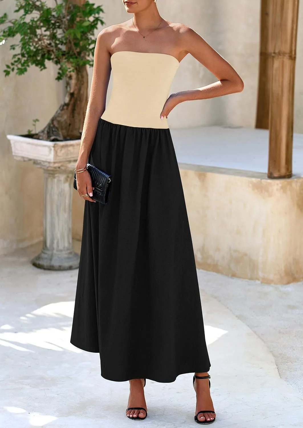 PRETTYGARDEN Women's 2025 Spring Strapless Maxi Dresses Patchwork Long Flowy Pockets Elegant Going Out Summer Tube Top Dress