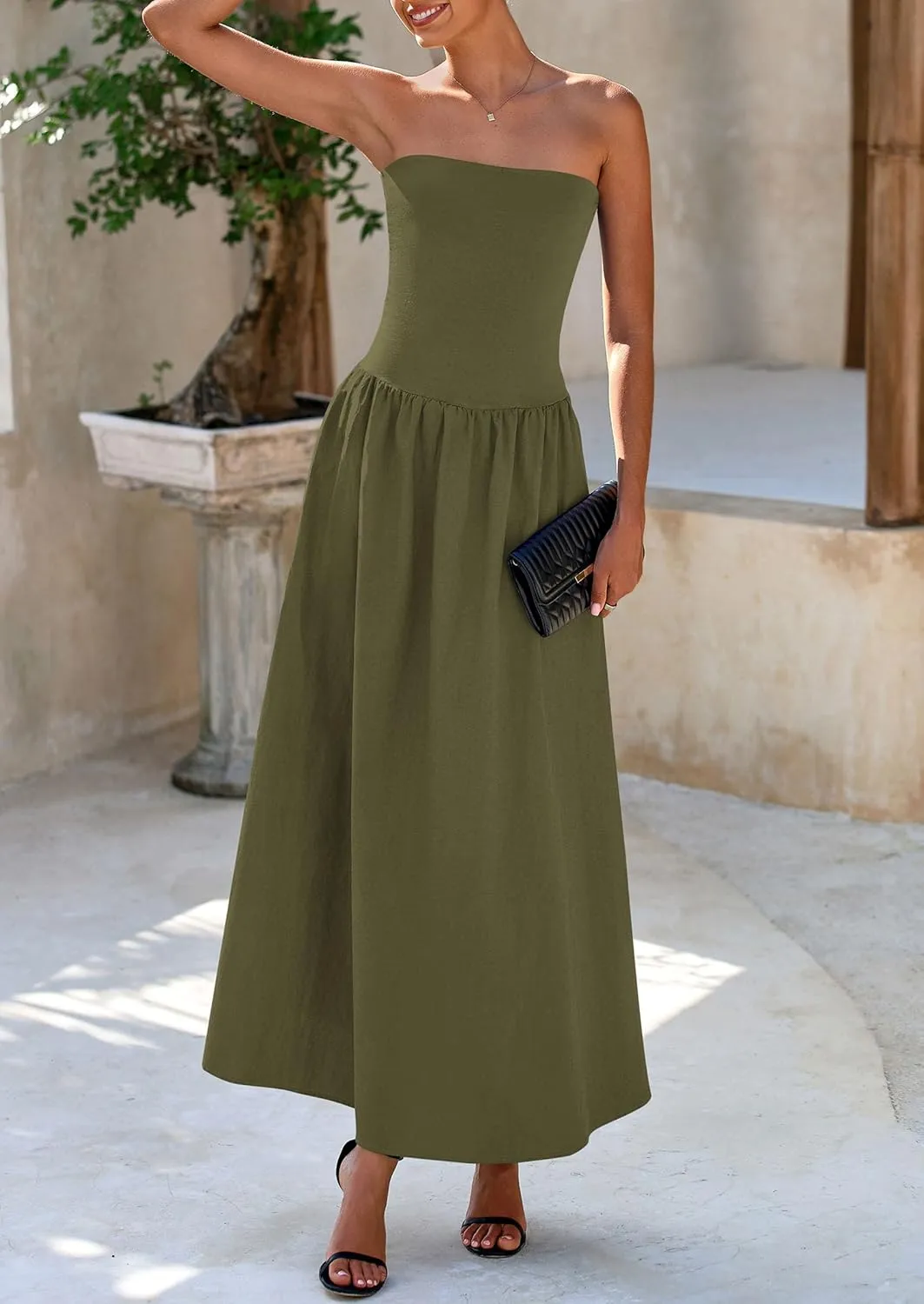 PRETTYGARDEN Women's 2025 Spring Strapless Maxi Dresses Patchwork Long Flowy Pockets Elegant Going Out Summer Tube Top Dress