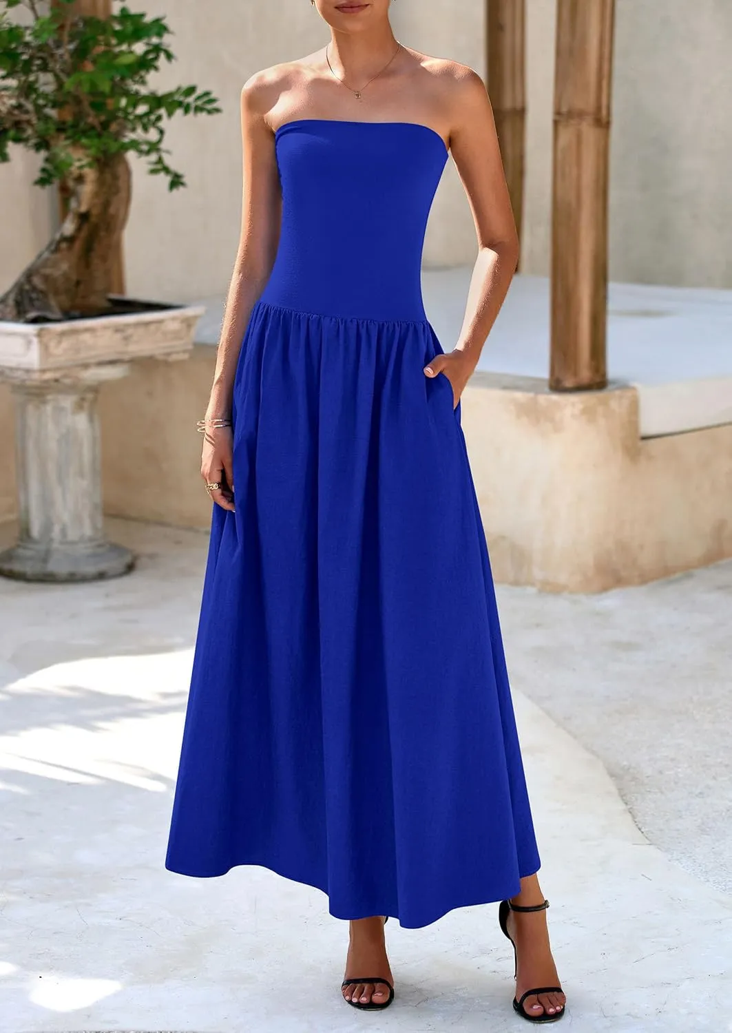 PRETTYGARDEN Women's 2025 Spring Strapless Maxi Dresses Patchwork Long Flowy Pockets Elegant Going Out Summer Tube Top Dress