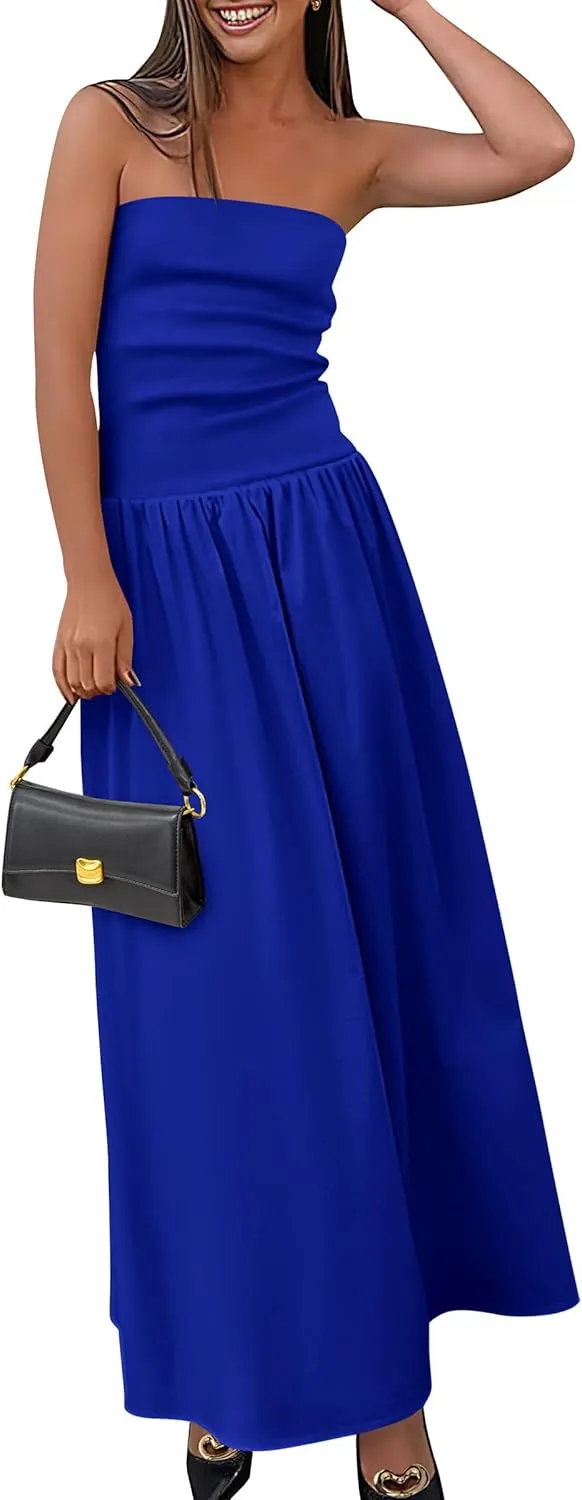 PRETTYGARDEN Women's 2025 Spring Strapless Maxi Dresses Patchwork Long Flowy Pockets Elegant Going Out Summer Tube Top Dress