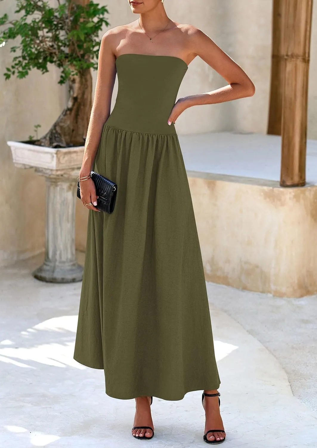 PRETTYGARDEN Women's 2025 Spring Strapless Maxi Dresses Patchwork Long Flowy Pockets Elegant Going Out Summer Tube Top Dress