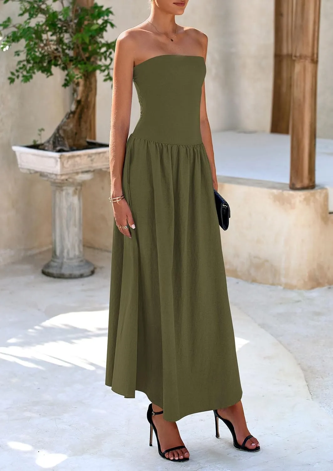 PRETTYGARDEN Women's 2025 Spring Strapless Maxi Dresses Patchwork Long Flowy Pockets Elegant Going Out Summer Tube Top Dress
