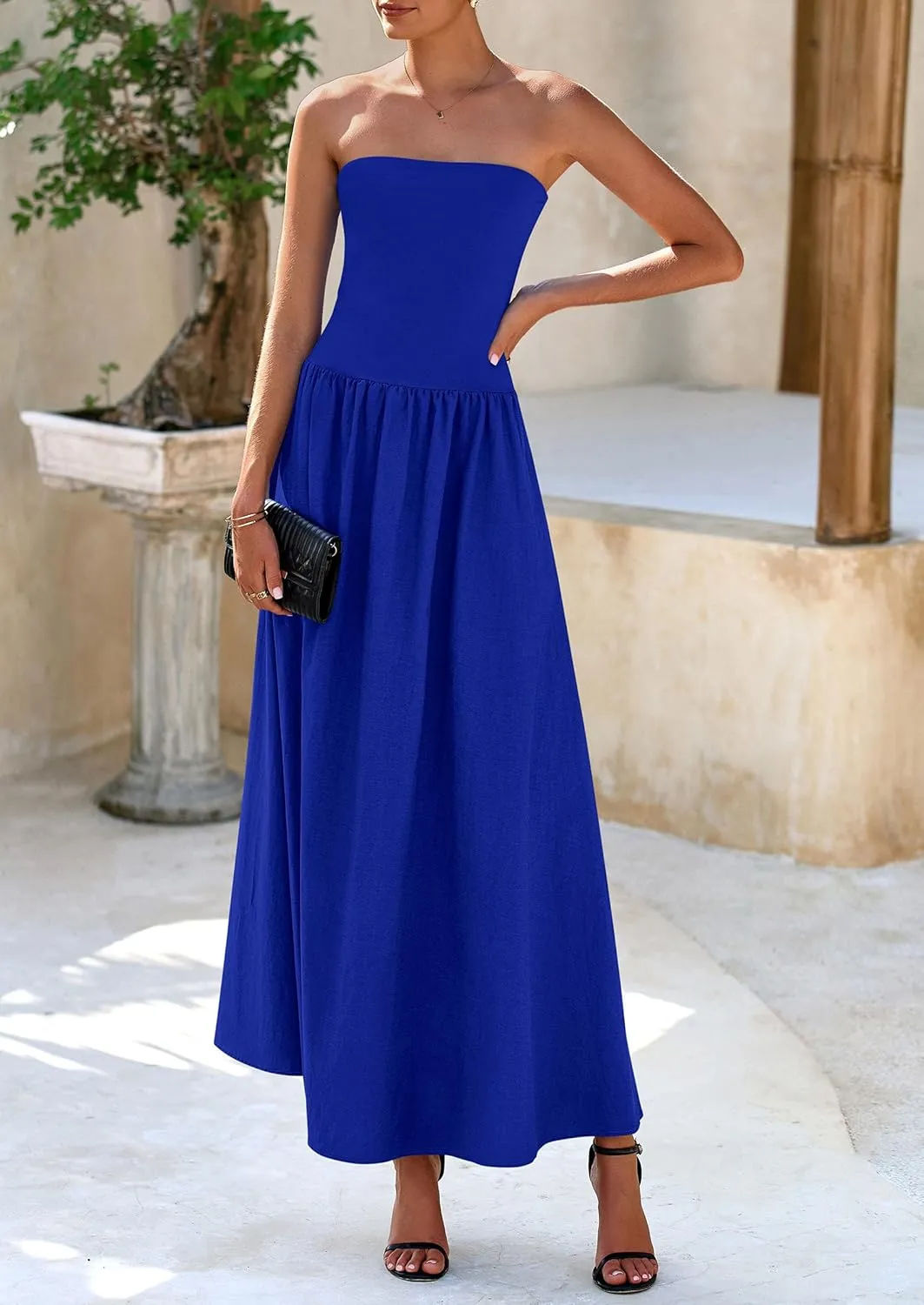 PRETTYGARDEN Women's 2025 Spring Strapless Maxi Dresses Patchwork Long Flowy Pockets Elegant Going Out Summer Tube Top Dress