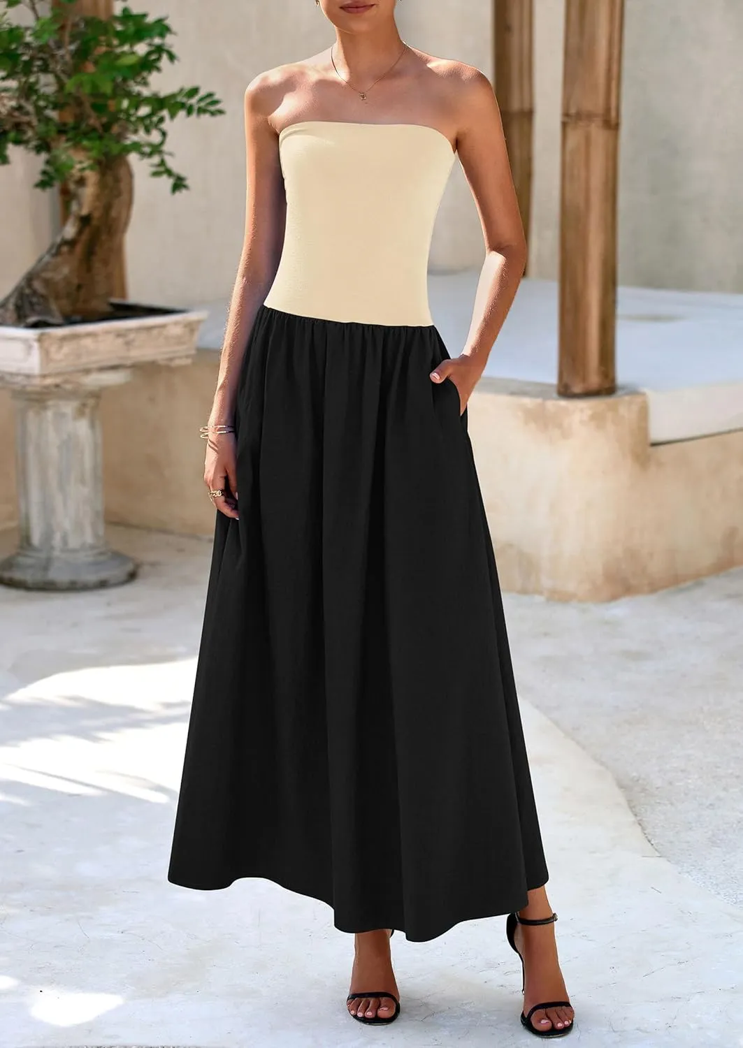 PRETTYGARDEN Women's 2025 Spring Strapless Maxi Dresses Patchwork Long Flowy Pockets Elegant Going Out Summer Tube Top Dress