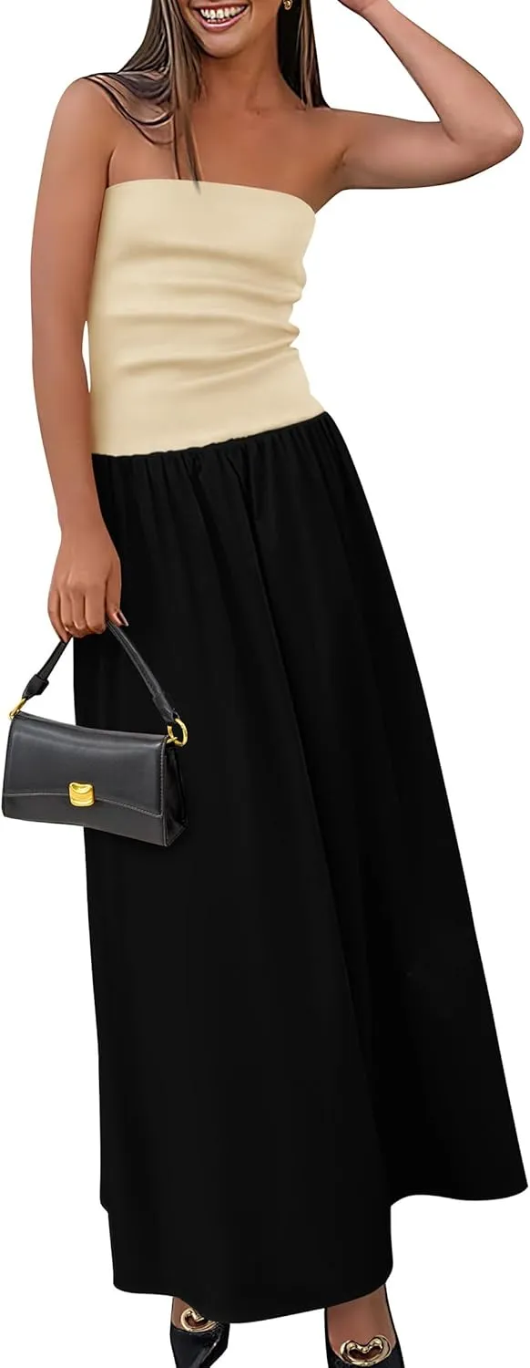 PRETTYGARDEN Women's 2025 Spring Strapless Maxi Dresses Patchwork Long Flowy Pockets Elegant Going Out Summer Tube Top Dress