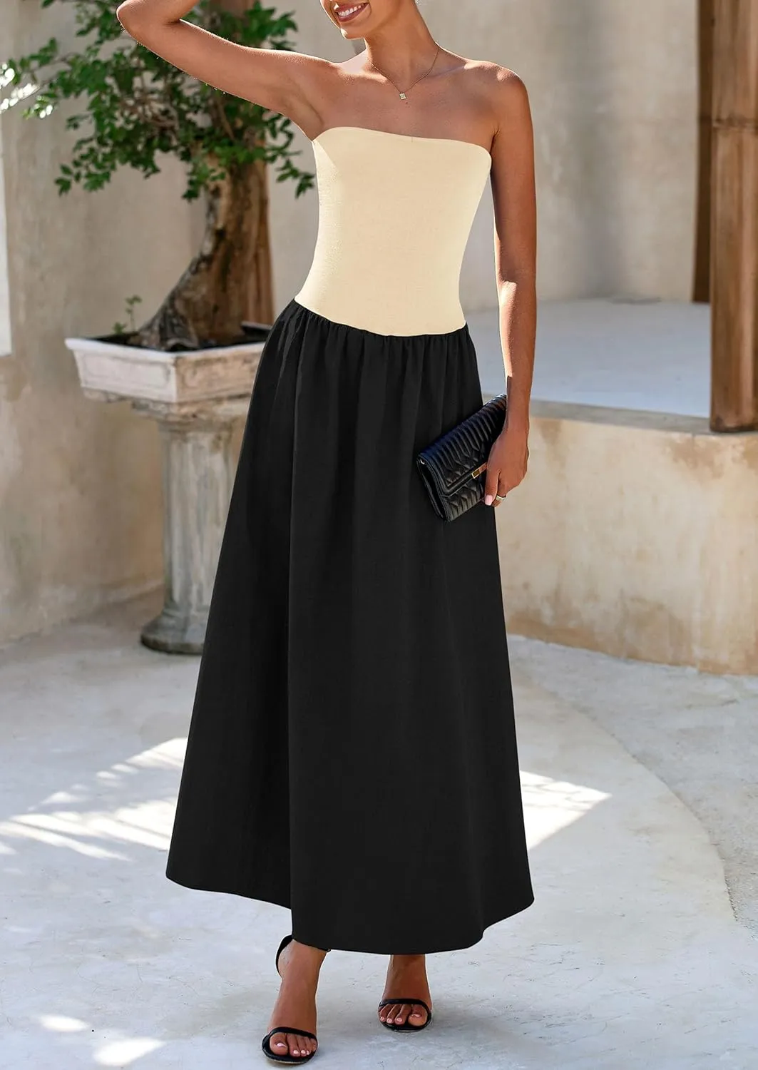 PRETTYGARDEN Women's 2025 Spring Strapless Maxi Dresses Patchwork Long Flowy Pockets Elegant Going Out Summer Tube Top Dress